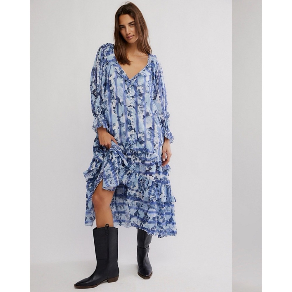 Free People Garden Wonders Maxi Dress M Blue Floral Boho Cottage